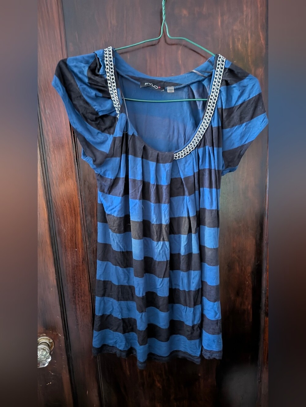 FYLO Blue and Black Striped T-Shirt with Chain Accent, Size Small